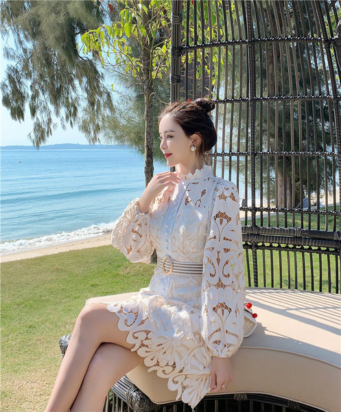 Attractive Lace Hollow Floral Stand Collar Puff Shoulder Long Sleeved Dress with Belt