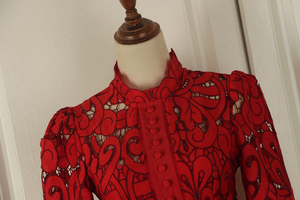 Attractive Lace Hollow Floral Stand Collar Puff Shoulder Long Sleeved Dress with Belt