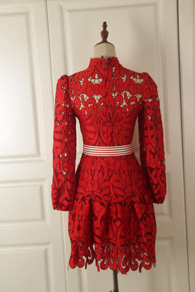 Attractive Lace Hollow Floral Stand Collar Puff Shoulder Long Sleeved Dress with Belt