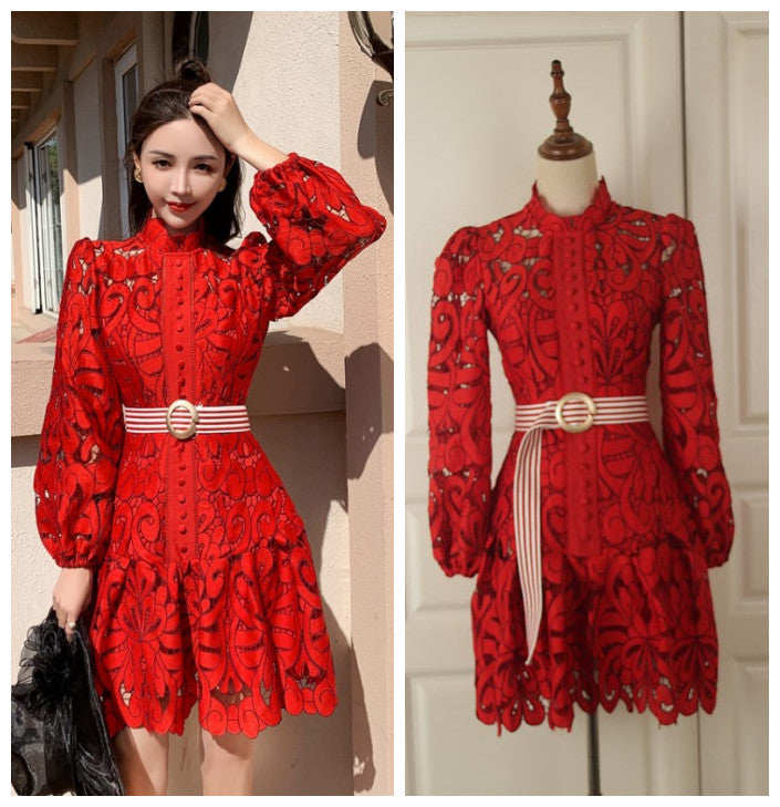 Attractive Lace Hollow Floral Stand Collar Puff Shoulder Long Sleeved Dress with Belt