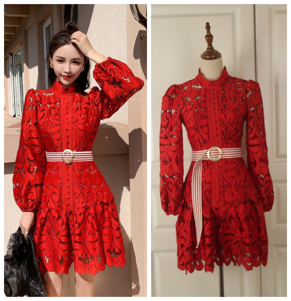 Attractive Lace Hollow Floral Stand Collar Puff Shoulder Long Sleeved Dress with Belt