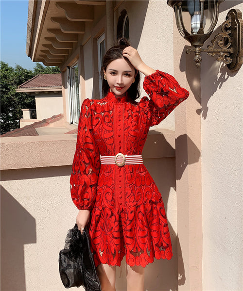 Attractive Lace Hollow Floral Stand Collar Puff Shoulder Long Sleeved Dress with Belt
