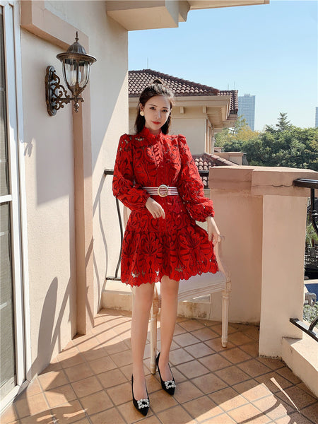 Attractive Lace Hollow Floral Stand Collar Puff Shoulder Long Sleeved Dress with Belt