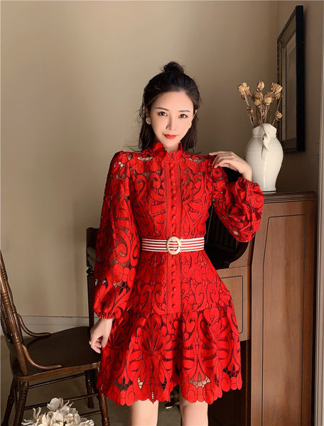 Attractive Lace Hollow Floral Stand Collar Puff Shoulder Long Sleeved Dress with Belt