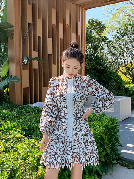 Attractive Lace Hollow Floral Stand Collar Puff Shoulder Long Sleeved Dress with Belt