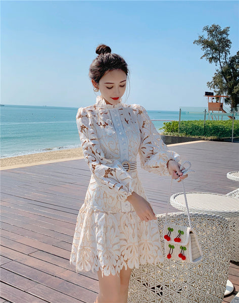 Attractive Lace Hollow Floral Stand Collar Puff Shoulder Long Sleeved Dress with Belt