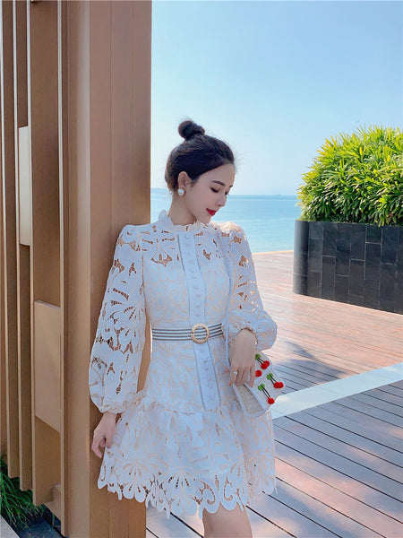 Attractive Lace Hollow Floral Stand Collar Puff Shoulder Long Sleeved Dress with Belt