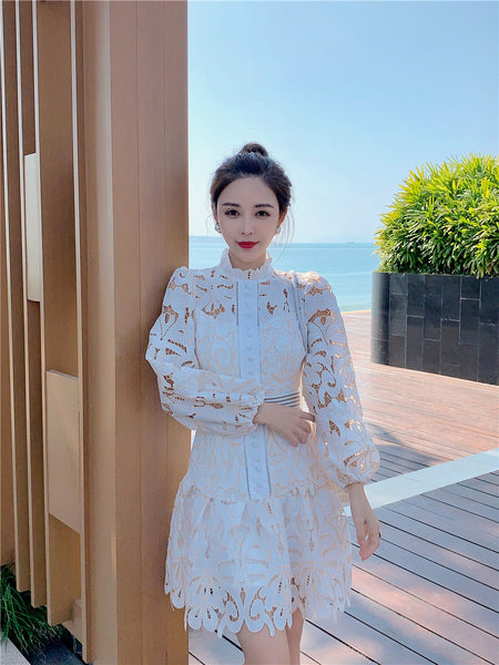 Attractive Lace Hollow Floral Stand Collar Puff Shoulder Long Sleeved Dress with Belt