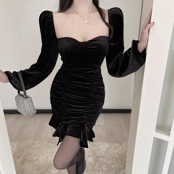 Sweet Square Neck Bow Smocked Off Shoulder Velvet Dress Ruffled Tube Top Skirt