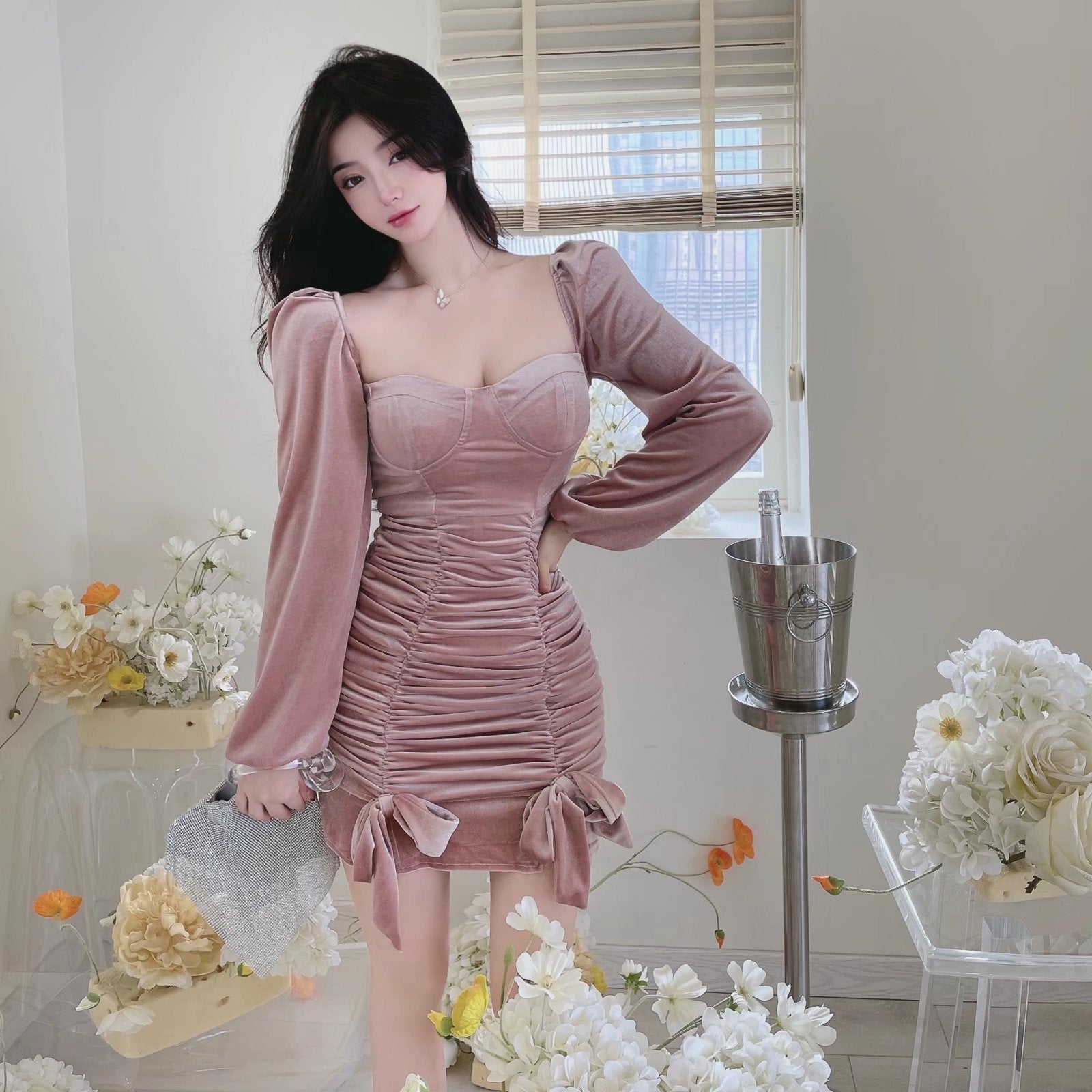 Sweet Square Neck Bow Smocked Off Shoulder Velvet Dress Ruffled Tube Top Skirt