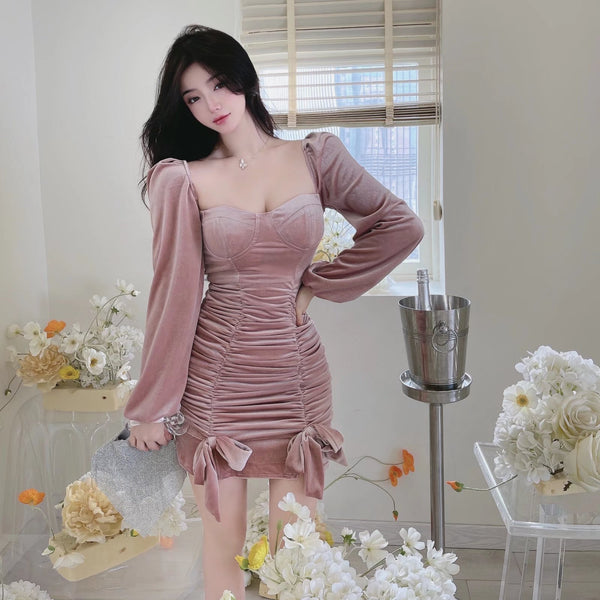 Sweet Square Neck Bow Smocked Off Shoulder Velvet Dress Ruffled Tube Top Skirt