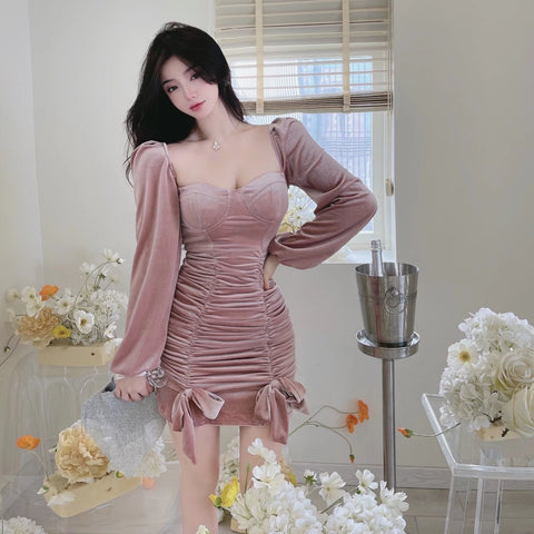 Sweet Square Neck Bow Smocked Off Shoulder Velvet Dress Ruffled Tube Top Skirt