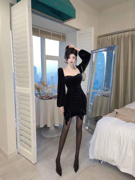 Sweet Square Neck Bow Smocked Off Shoulder Velvet Dress Ruffled Tube Top Skirt