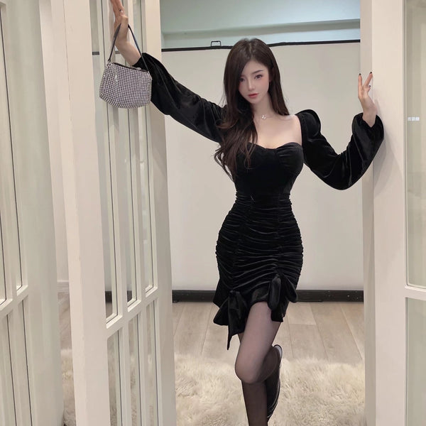 Sweet Square Neck Bow Smocked Off Shoulder Velvet Dress Ruffled Tube Top Skirt