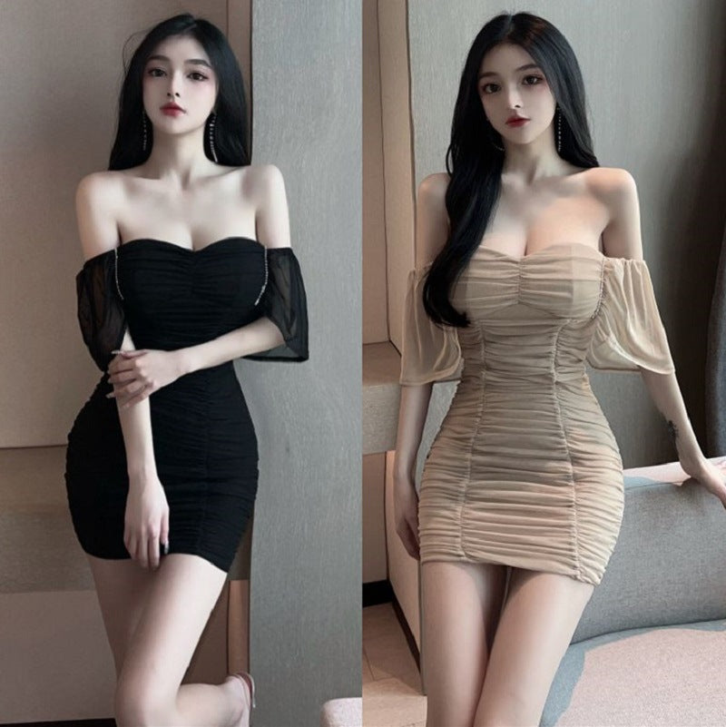 Square Collar Sexy Backless Low Cut Bodycon Hips Waist Mesh Pleated Short Dress