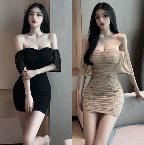 Square Collar Sexy Backless Low Cut Bodycon Hips Waist Mesh Pleated Short Dress