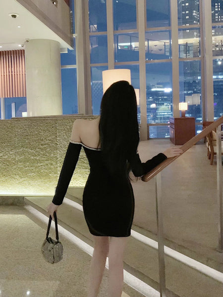Off Shoulder Tube Top Long Sleeved Stitching Bodycon Hips Waist Women Dress