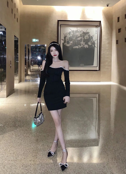 Off Shoulder Tube Top Long Sleeved Stitching Bodycon Hips Waist Women Dress