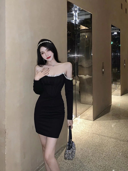 Off Shoulder Tube Top Long Sleeved Stitching Bodycon Hips Waist Women Dress