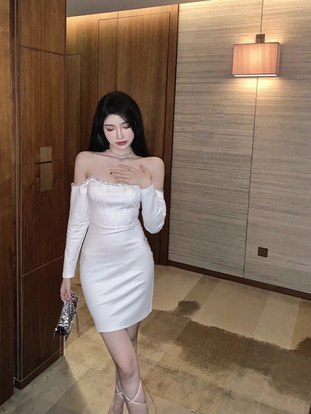 Off Shoulder Tube Top Long Sleeved Stitching Bodycon Hips Waist Women Dress
