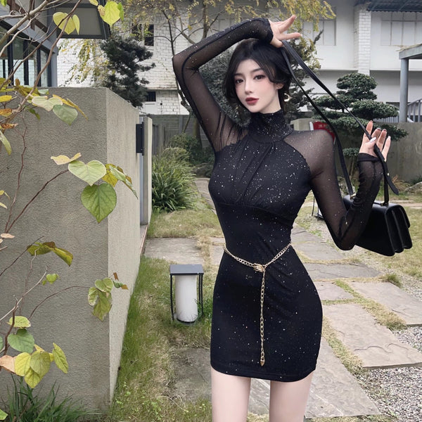 Sexy Stand Collar Blink Wink Mesh Pleated Waist Bodycon Dress Hips Short Skirt