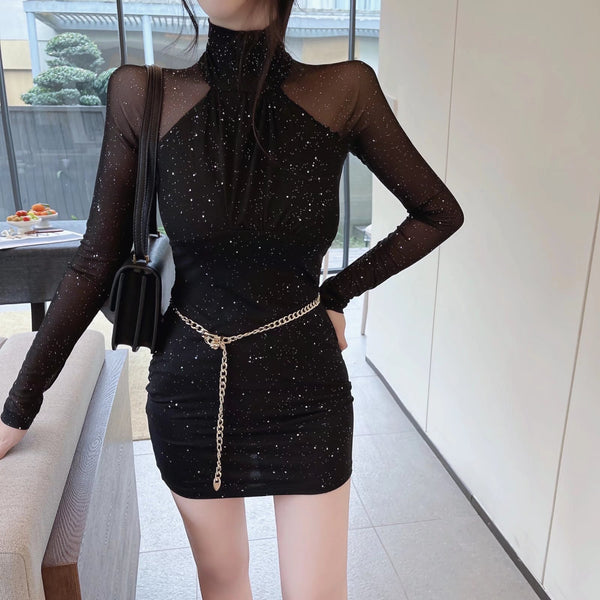Sexy Stand Collar Blink Wink Mesh Pleated Waist Bodycon Dress Hips Short Skirt