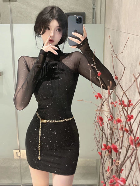 Sexy Stand Collar Blink Wink Mesh Pleated Waist Bodycon Dress Hips Short Skirt