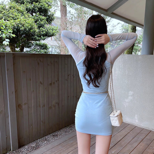 Sexy Stand Collar Blink Wink Mesh Pleated Waist Bodycon Dress Hips Short Skirt