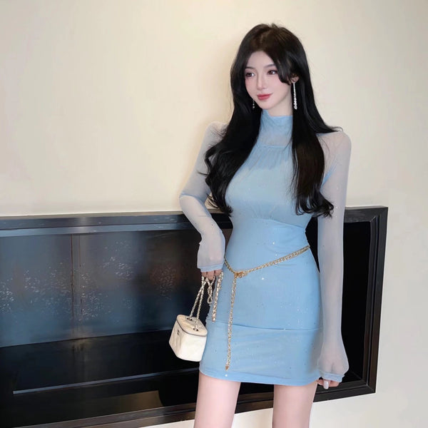 Sexy Stand Collar Blink Wink Mesh Pleated Waist Bodycon Dress Hips Short Skirt