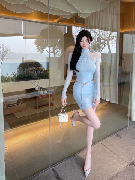 Sexy Stand Collar Blink Wink Mesh Pleated Waist Bodycon Dress Hips Short Skirt