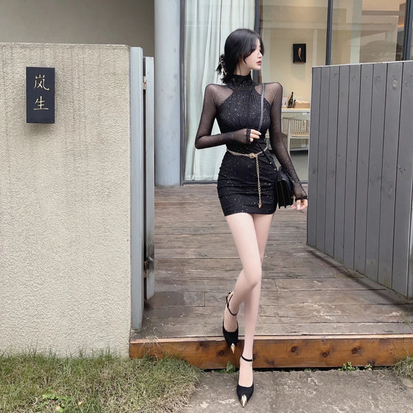 Sexy Stand Collar Blink Wink Mesh Pleated Waist Bodycon Dress Hips Short Skirt