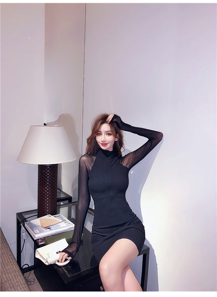 Sexy Women Stand Collar See Through Sleeve Splicing Style Hip Bottoming Skirt