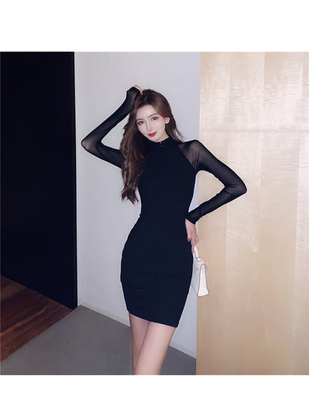 Sexy Women Stand Collar See Through Sleeve Splicing Style Hip Bottoming Skirt