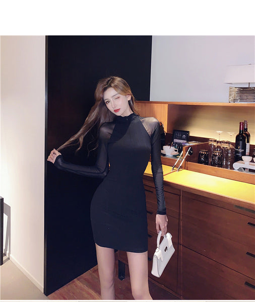 Sexy Women Stand Collar See Through Sleeve Splicing Style Hip Bottoming Skirt