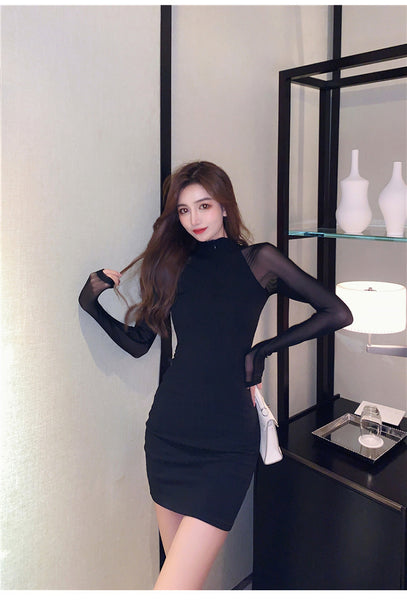 Sexy Women Stand Collar See Through Sleeve Splicing Style Hip Bottoming Skirt