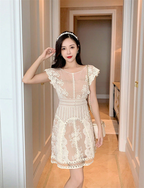 Palace embroidery Maxi Embroidered Floral Ruffles Round Neck Mini Dress