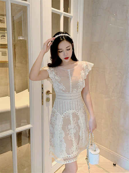 Palace embroidery Maxi Embroidered Floral Ruffles Round Neck Mini Dress