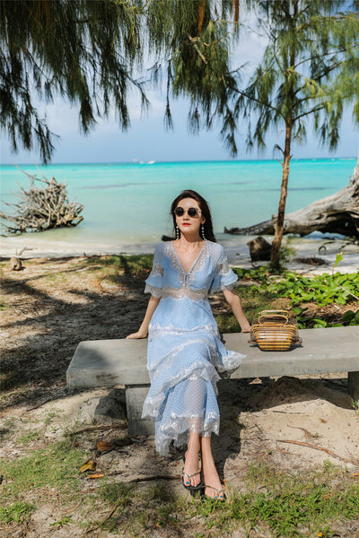 Beach Seaside Vacation Short Sleeves Deep V Neck Long Fairy Cake Dress