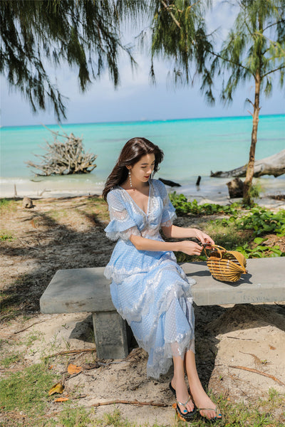 Beach Seaside Vacation Short Sleeves Deep V Neck Long Fairy Cake Dress