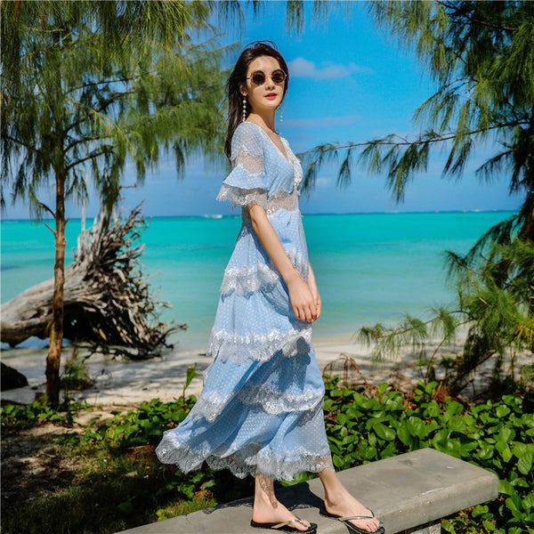 Beach Seaside Vacation Short Sleeves Deep V Neck Long Fairy Cake Dress