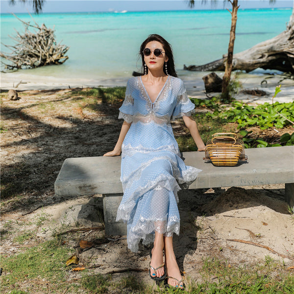 Beach Seaside Vacation Short Sleeves Deep V Neck Long Fairy Cake Dress