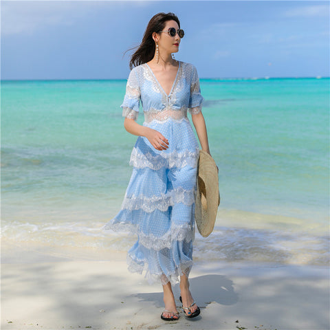Beach Seaside Vacation Short Sleeves Deep V Neck Long Fairy Cake Dress