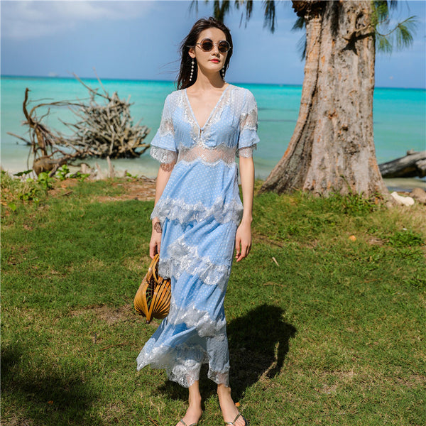 Beach Seaside Vacation Short Sleeves Deep V Neck Long Fairy Cake Dress