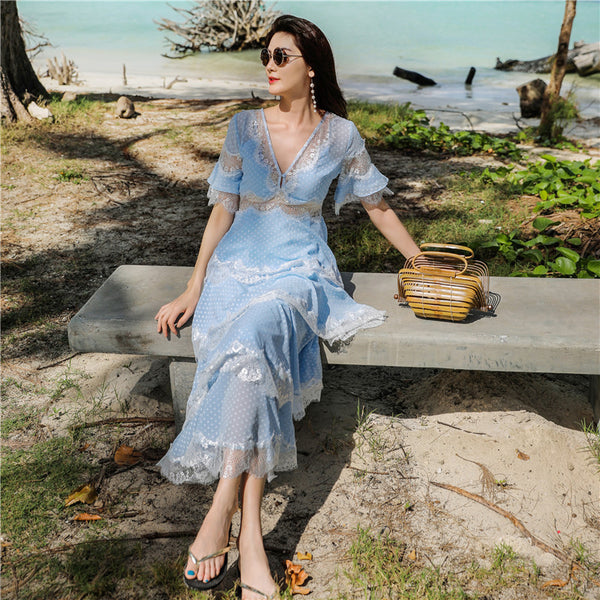 Beach Seaside Vacation Short Sleeves Deep V Neck Long Fairy Cake Dress