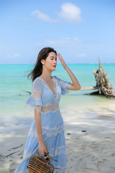 Beach Seaside Vacation Short Sleeves Deep V Neck Long Fairy Cake Dress