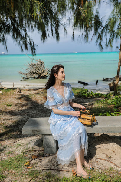 Beach Seaside Vacation Short Sleeves Deep V Neck Long Fairy Cake Dress