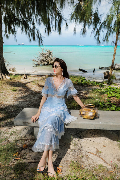 Beach Seaside Vacation Short Sleeves Deep V Neck Long Fairy Cake Dress