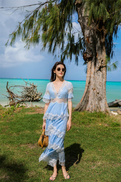 Beach Seaside Vacation Short Sleeves Deep V Neck Long Fairy Cake Dress