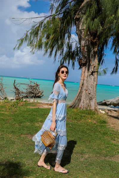 Beach Seaside Vacation Short Sleeves Deep V Neck Long Fairy Cake Dress