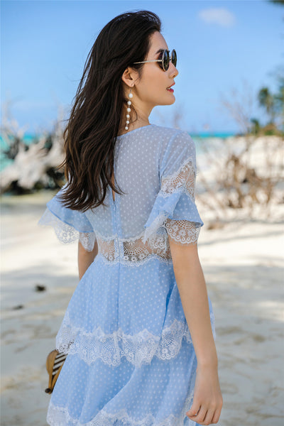 Beach Seaside Vacation Short Sleeves Deep V Neck Long Fairy Cake Dress